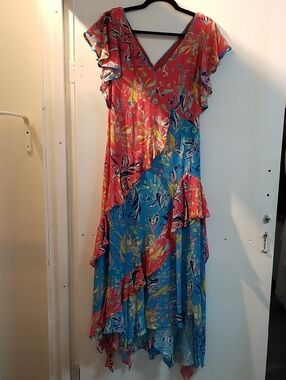 Tanya Taylor Coral and Turquoise Asymmetrical Floral Maxi Dress